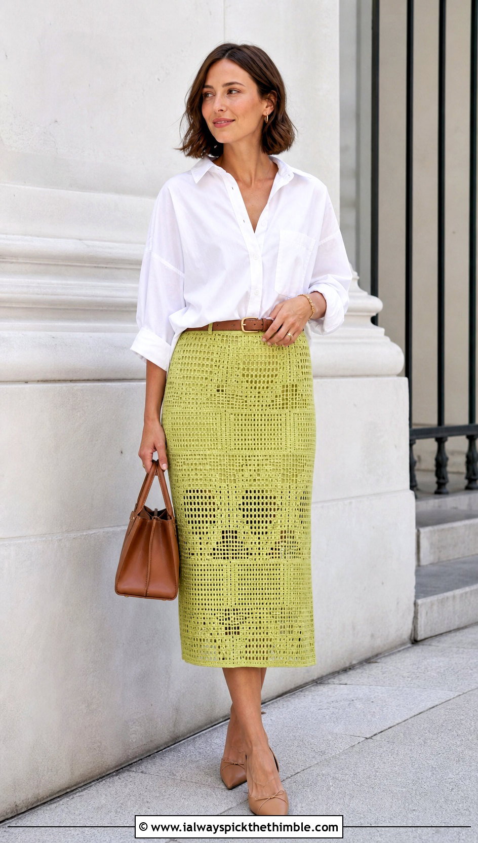 Filet Crochet Midi Skirt With Button Down Shirt - 25 crochet garments outfit ideas