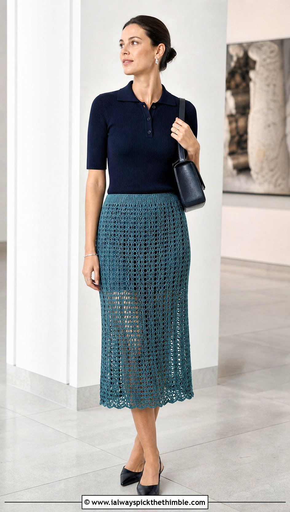 Filet Crochet Midi Skirt With Polo Sweater - 25 crochet midi skirt outfit ideas