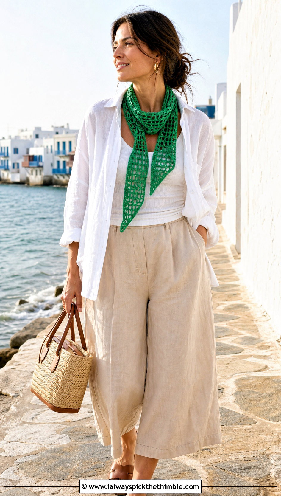 Filet Crochet Mini Scarf With Linen Shirt And Culottes - 25 crochet mini scarf outfit ideas