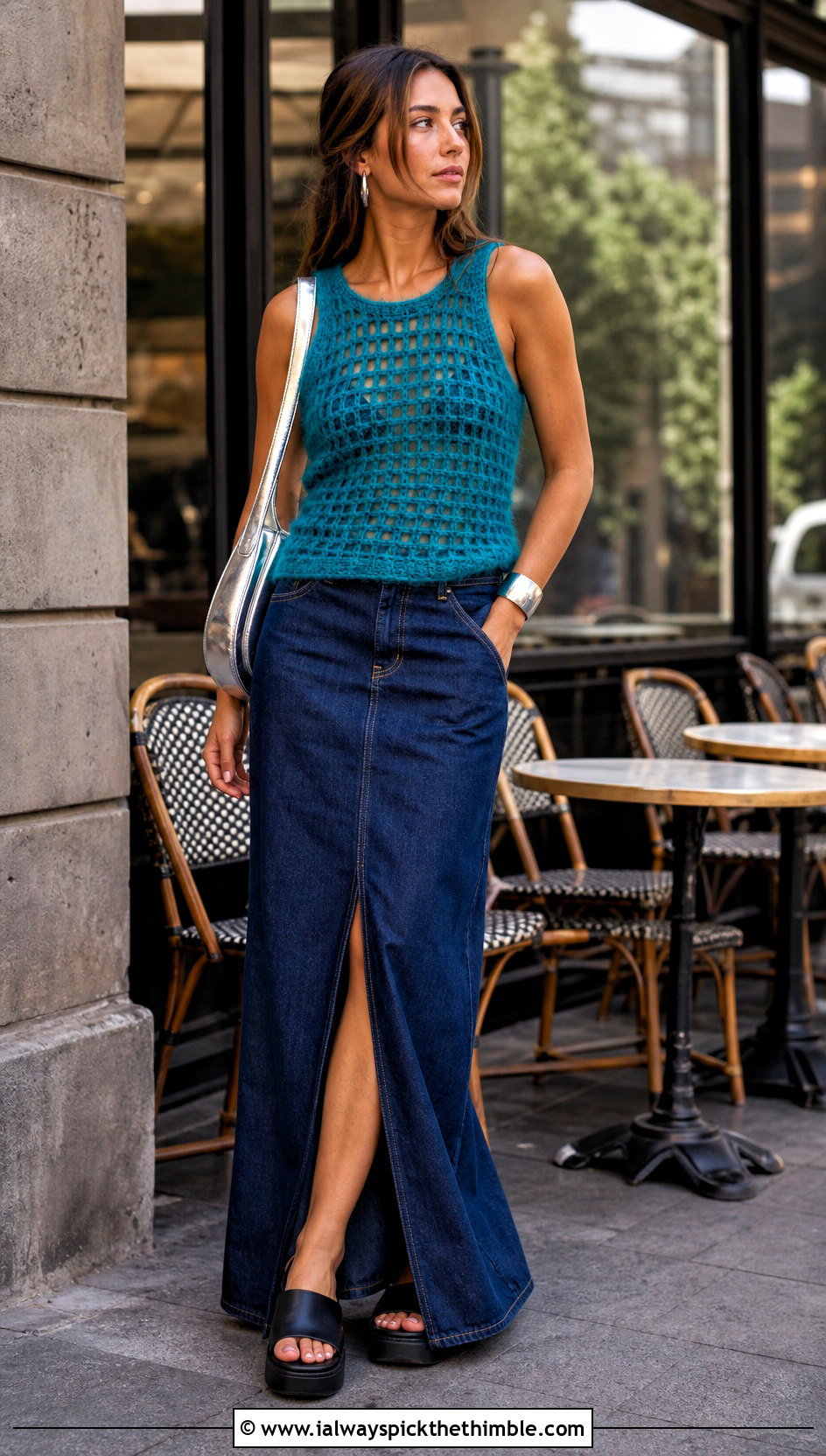 Filet Crochet Mohair Tank Top With Denim Maxi Skirt - 20 Crochet Mohair Tank Top outfit ideas