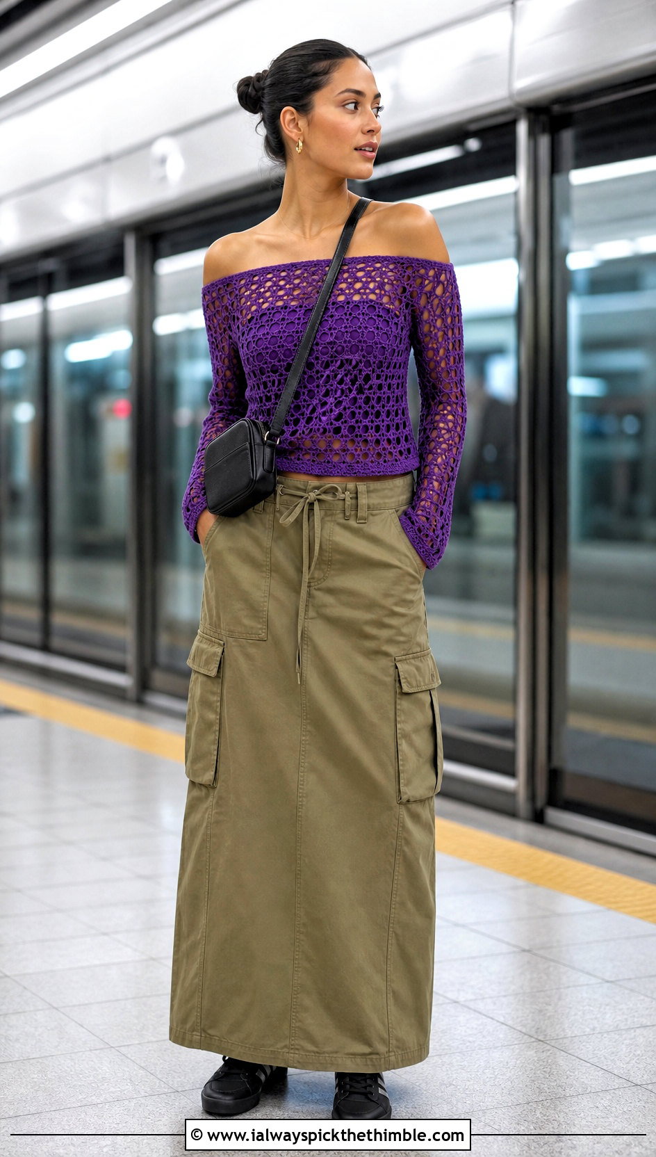 Filet Crochet Off Shoulder Top With Cargo Maxi Skirt - 25 fillet crochet top outfit ideas