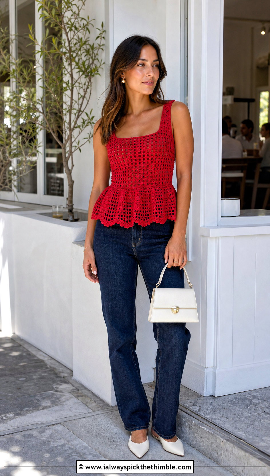 Filet Crochet Peplum Top With Straight Leg Jeans - 25 fillet crochet top outfit ideas