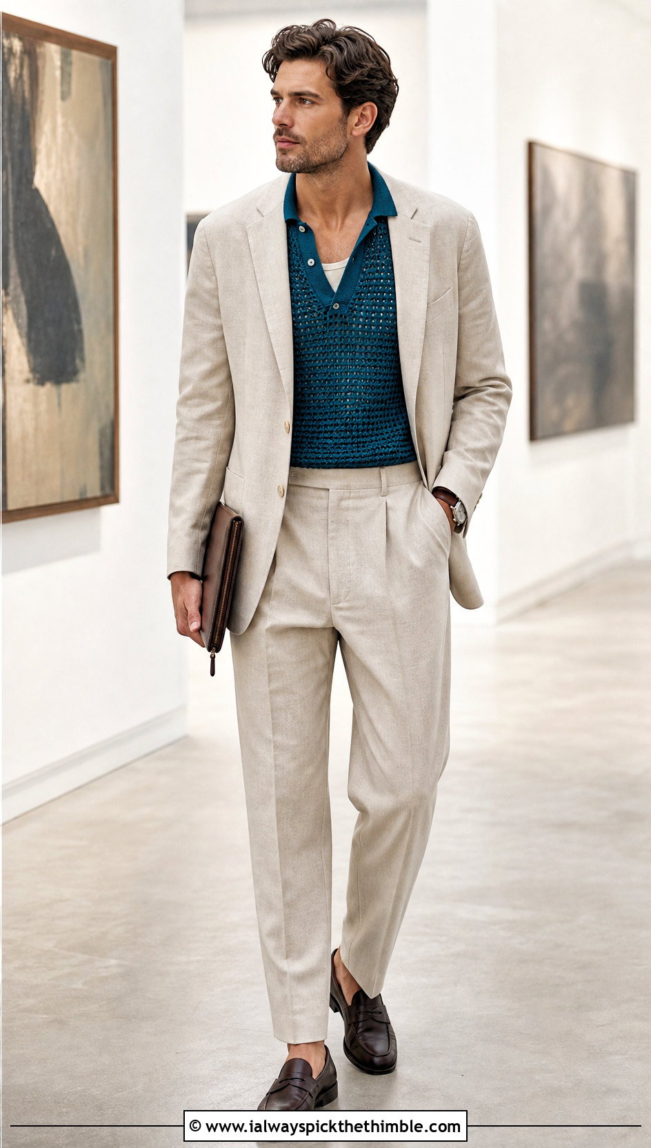 Filet Crochet Polo Shirt With A Relaxed Suit - 25 men's crochet shirt outfit ideas