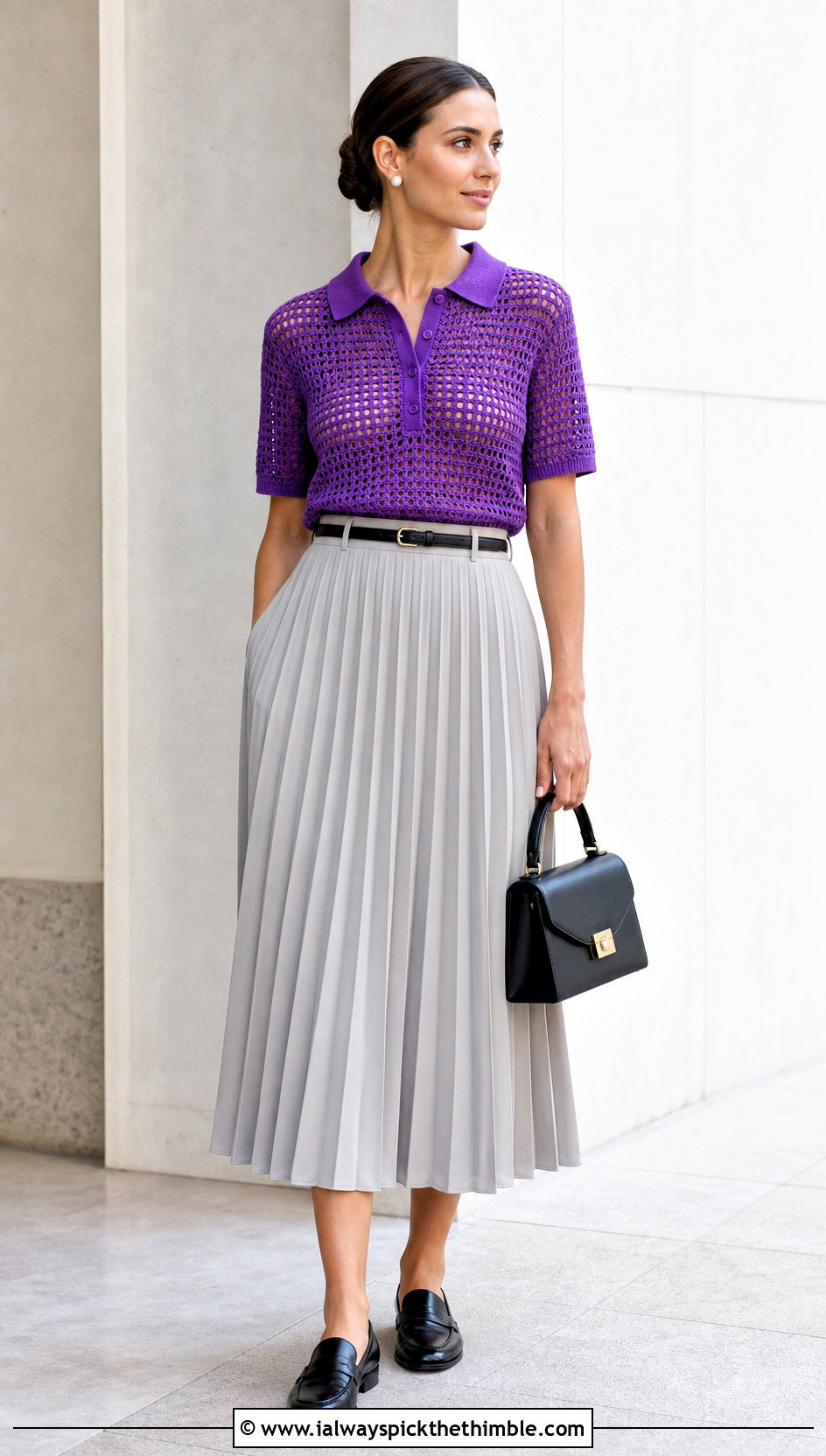 Filet Crochet Polo Shirt With Pleated Midi Skirt - 20 filet crochet shirt outfit ideas