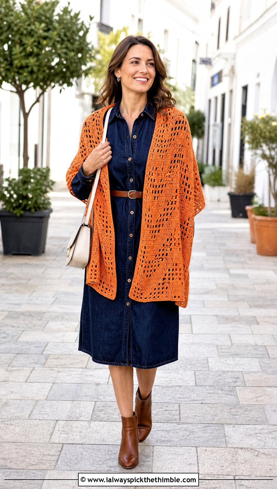 Filet Crochet Rectangle Shawl With Denim Shirt Dress - 20 Easy Rectangle Crochet Shawl outfit ideas