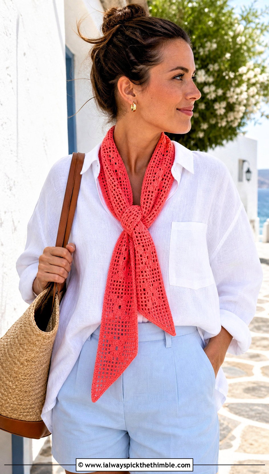 Filet Crochet Ribbon Scarf With Linen Shirt And Shorts - 15 Crochet Ribbon Scarf outfit ideas