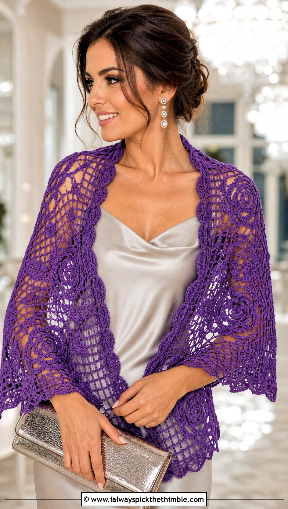 Filet Crochet Rose Shawl With A Satin Slip Dress - 15 Crochet Floral Shawl outfit ideas