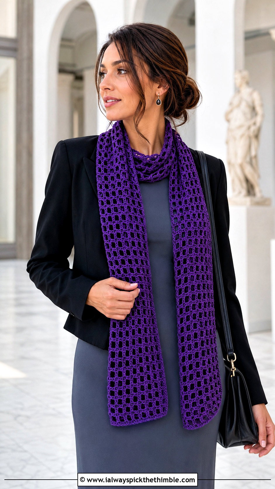 Filet Crochet Scarf With Blazer And Maxi Dress - 25 easy crochet scarf for beginners outfit ideas