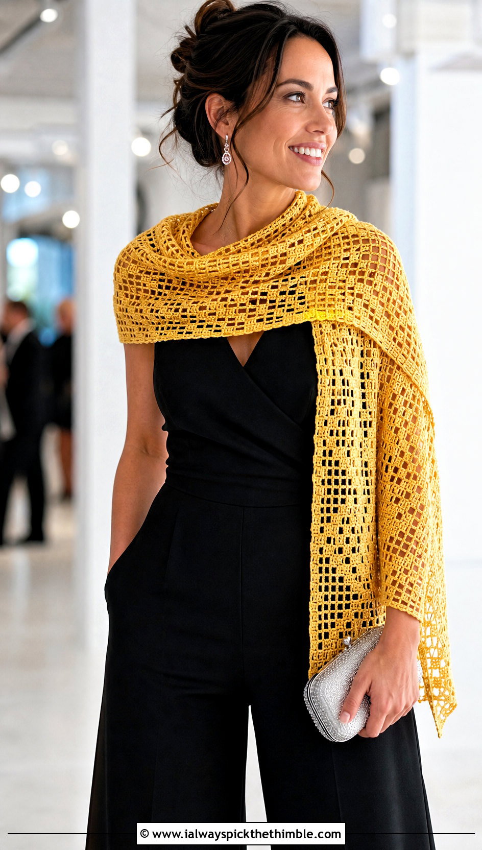 Filet Crochet Scarf With Evening Jumpsuit - 20 crochet scarf design ideas