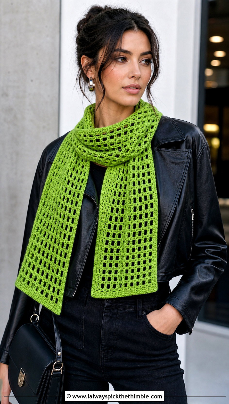 Filet Crochet Scarf With Leather Jacket And Black Jeans - 15 Light Crochet Scarf outfit ideas