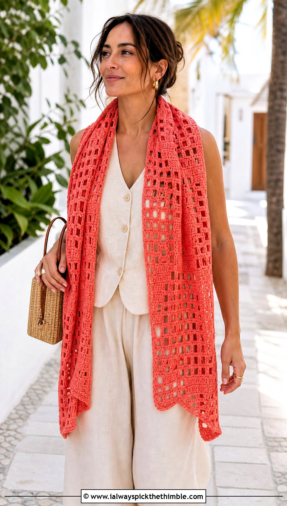 Filet Crochet Scarf With Linen Set - 25 quick crochet scarf outfit ideas