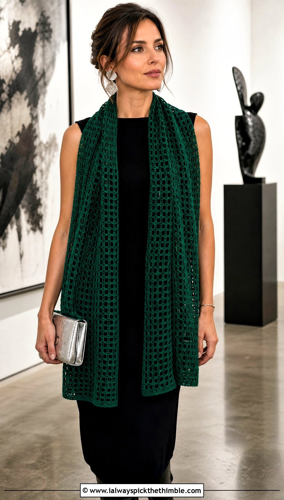 Filet Crochet Scarf With Minimalist Column Dress - 25 fun crochet scarf outfit ideas