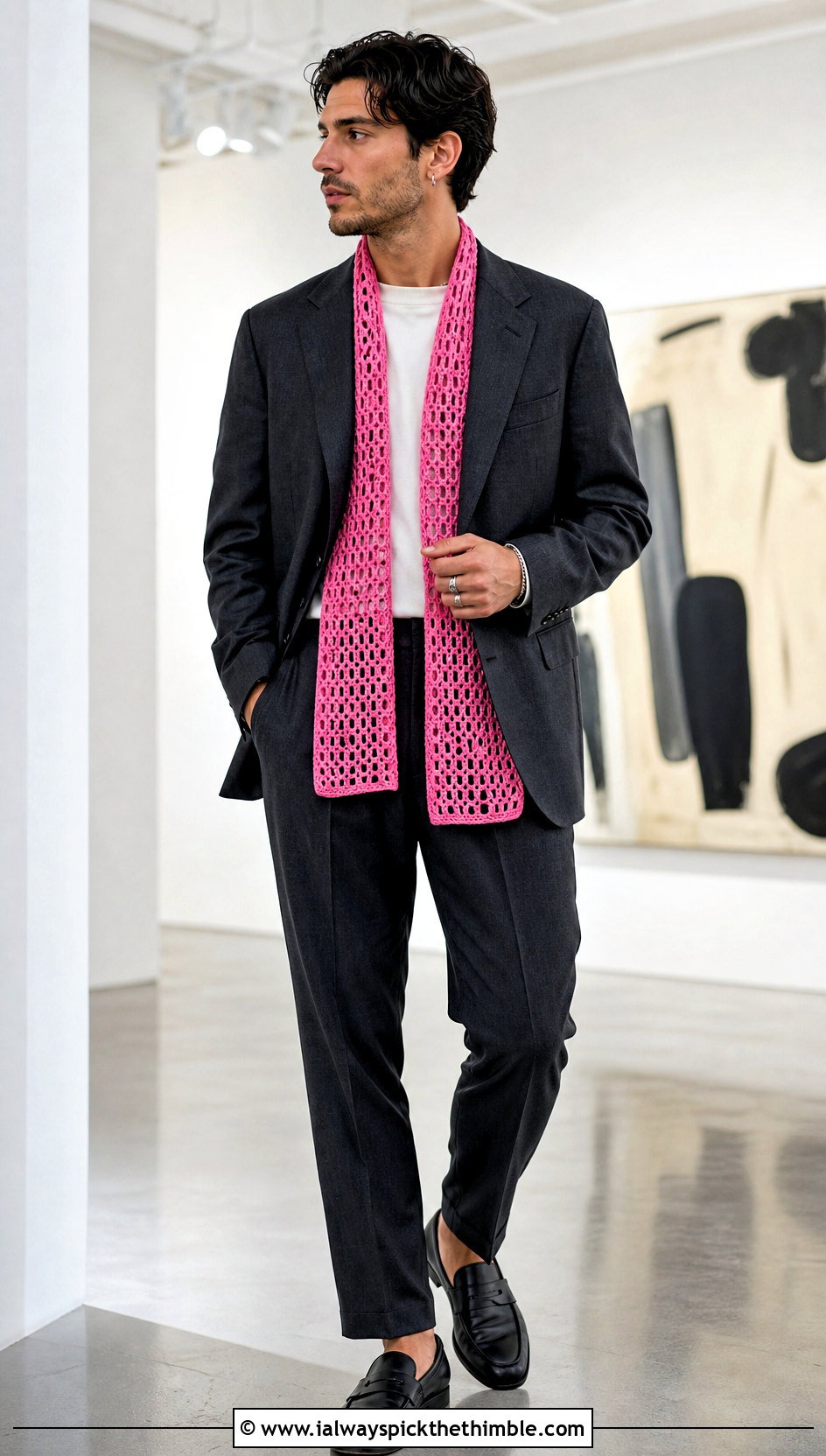 Filet Crochet Scarf With Monochrome Suit - 20 Mens Crochet Scarf outfit ideas