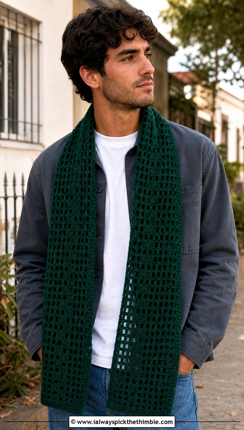 Filet Crochet Scarf With Overshirt And Jeans - 20 men's crocheted scarf outfit ideas