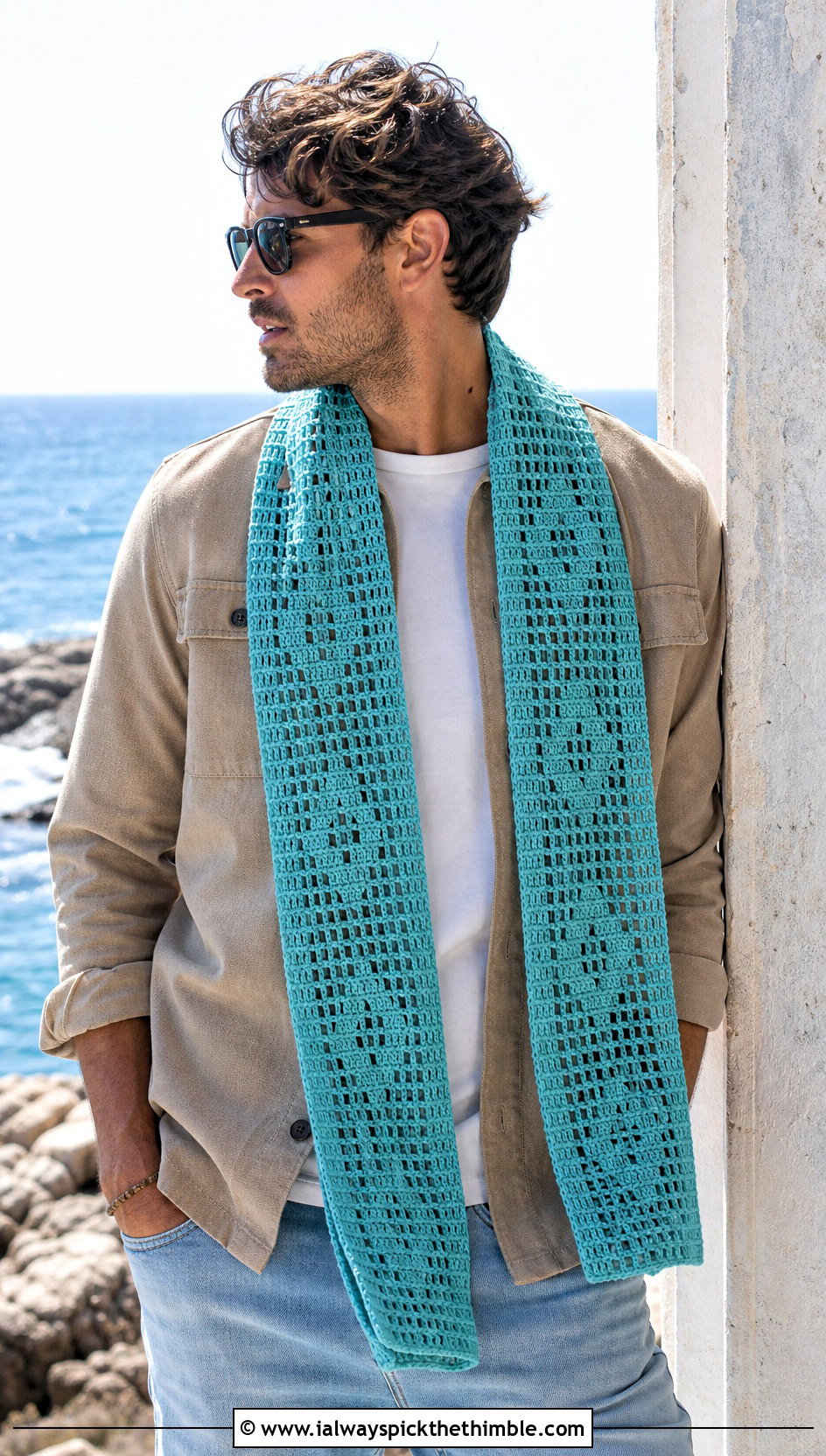 Filet Crochet Scarf With Overshirt And Jeans - 25 men crochet scarf outfit ideas