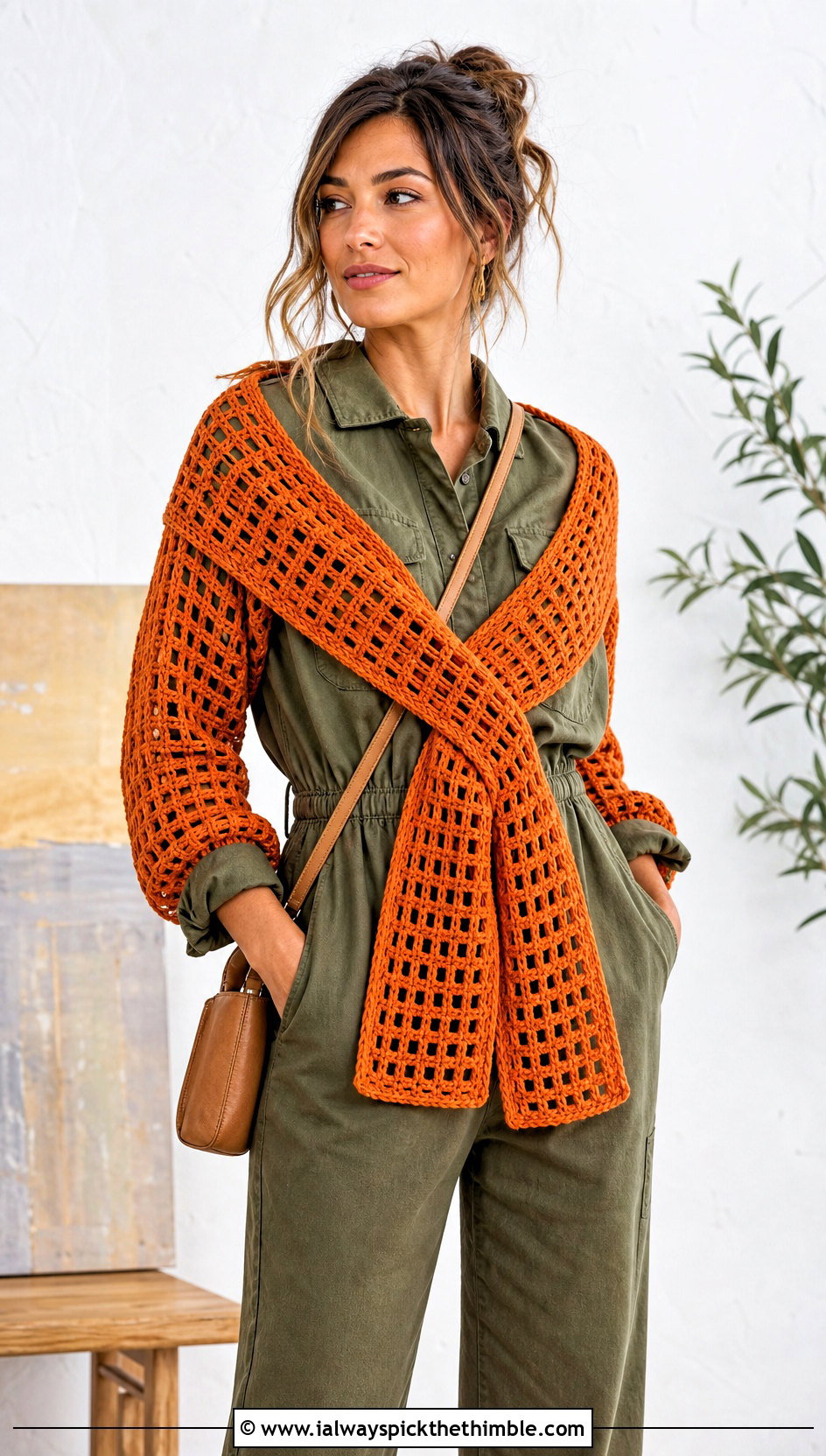 Filet Crochet Scarf With Sleeves And Utility Jumpsuit - 25 crochet scarf with sleeves outfit ideas