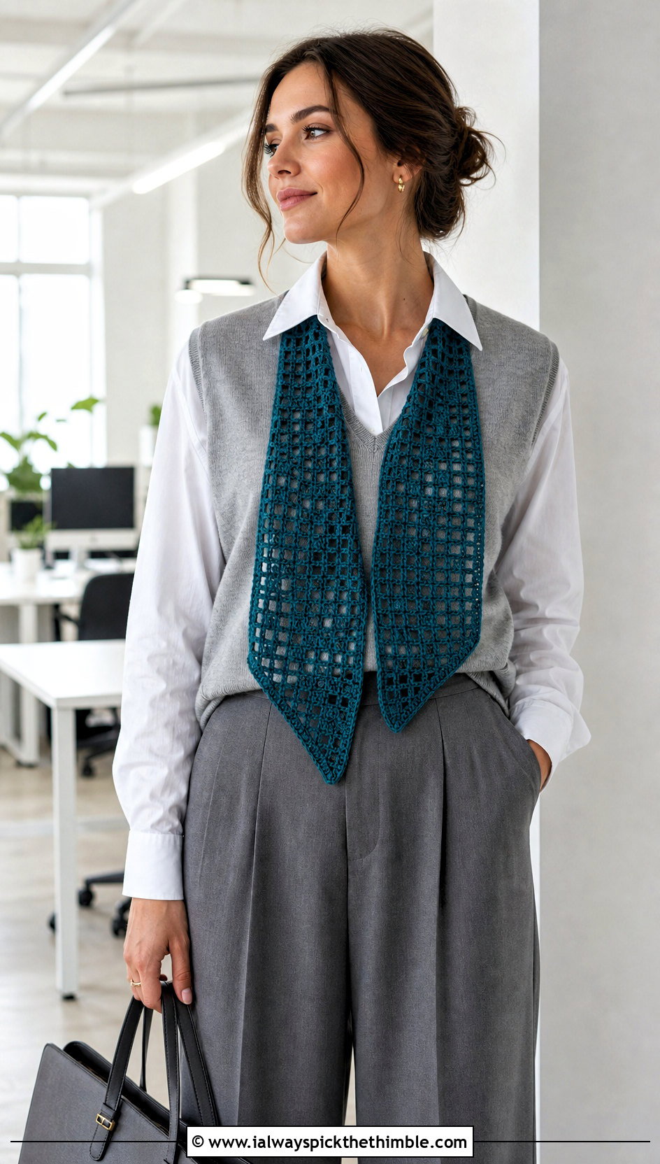 Filet Crochet Scarf With Sweater Vest And Wide Leg Trousers - 20 Elegant Crochet Scarf outfit ideas