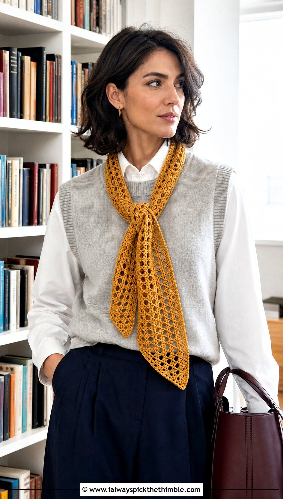 Filet Crochet Scarf With Sweater Vest - 20 Multifunctional Crochet Scarf outfit ideas
