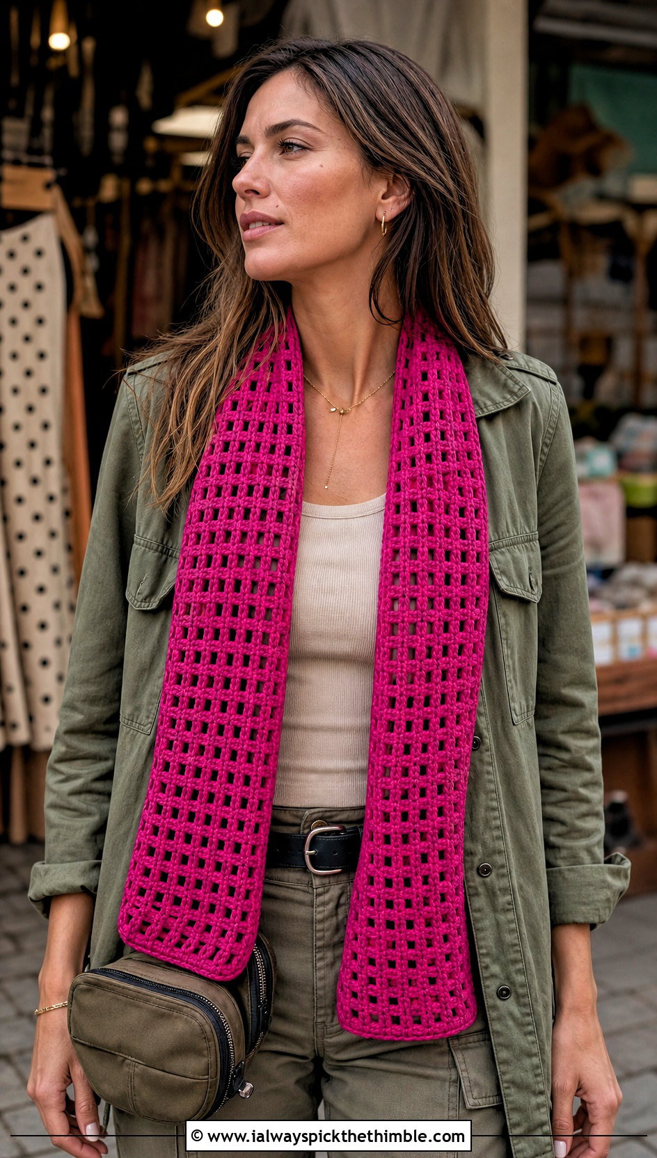 Filet Crochet Scarf With Utility Jacket And Cargo Pants - 15 Light Weight Crochet Scarf outfit ideas
