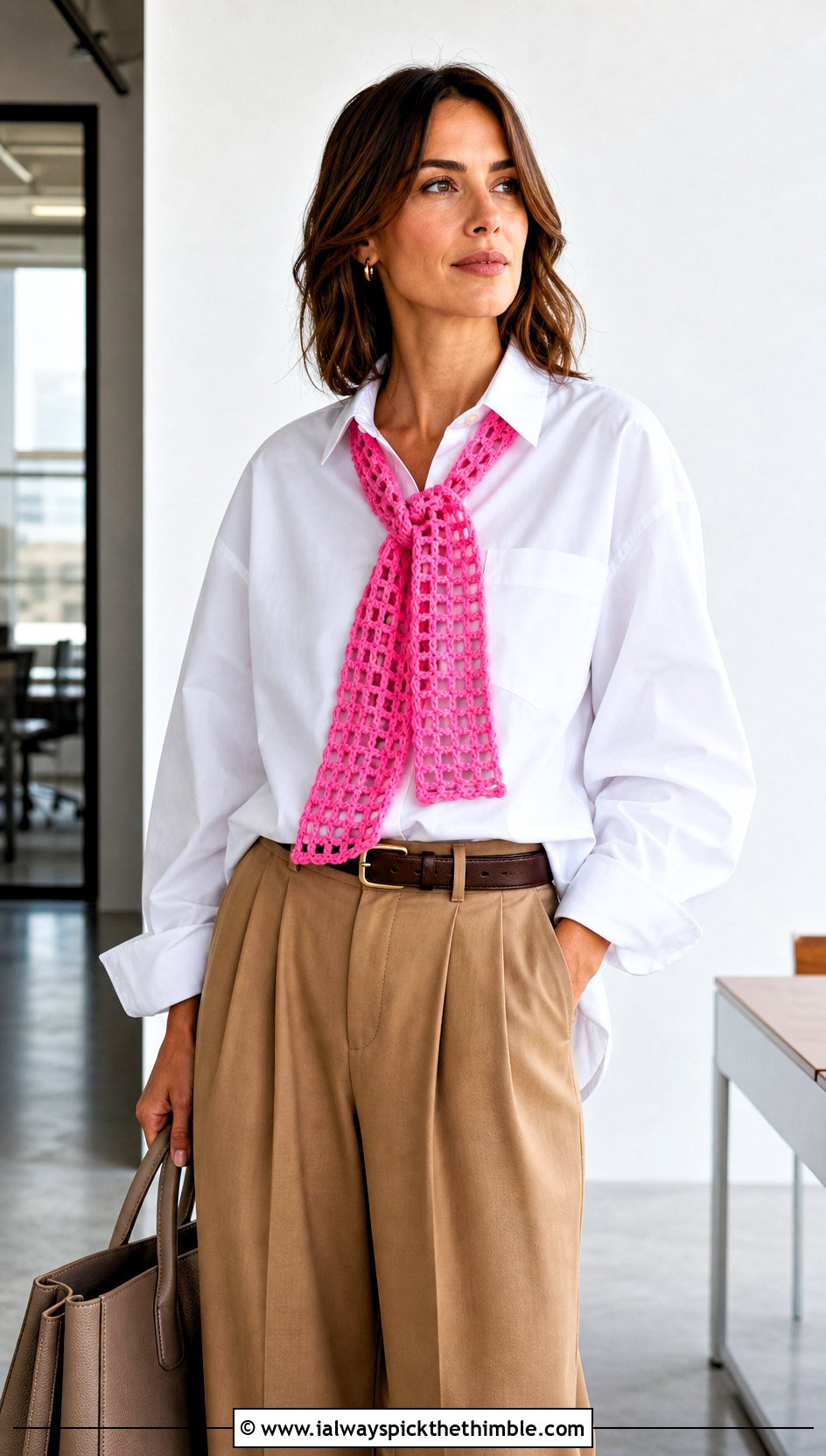 Filet Crochet Scarf With White Shirt And Trousers - 25 crochet scarves outfit ideas