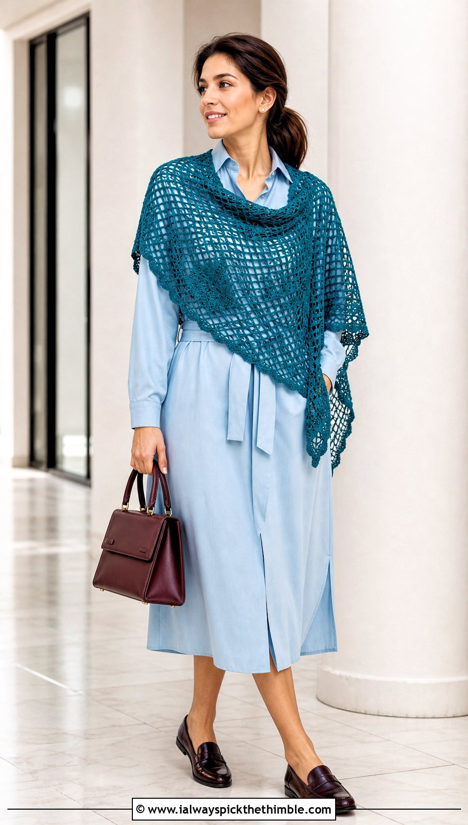 Filet Crochet Semi Circle Shawl With Shirt Dress - 20 Crochet Semi Circle Shawl outfit ideas