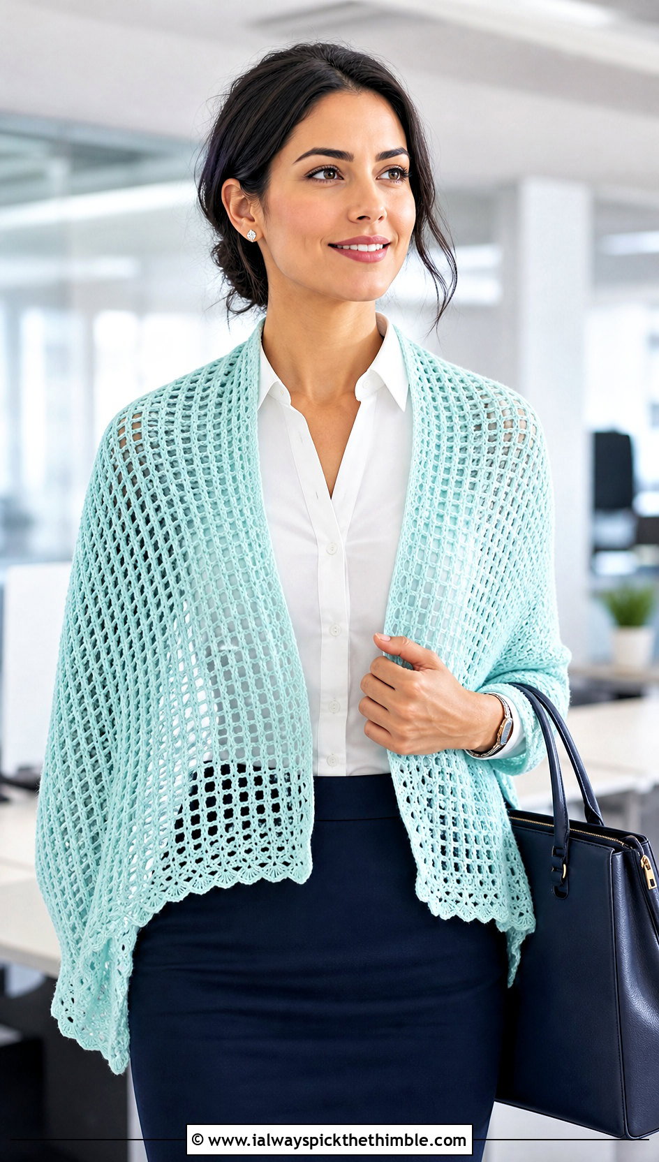 Filet Crochet Shawl With Button Down And Pencil Skirt - 15 Easy Crochet Shawls outfit ideas