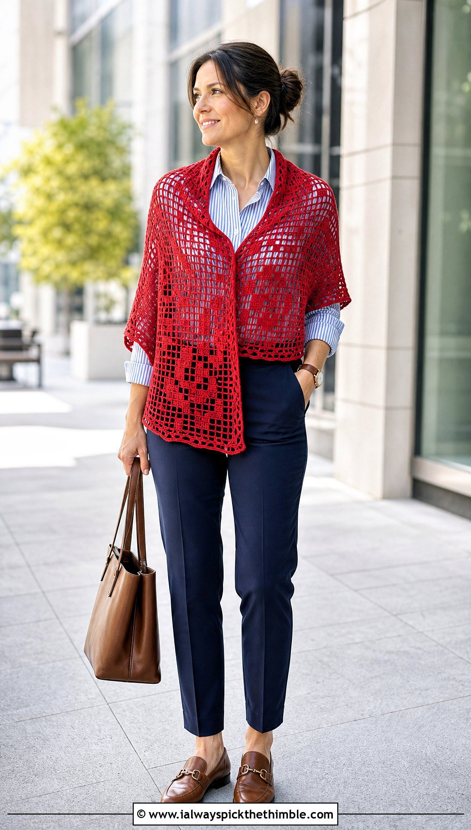 Filet Crochet Shawl With Striped Shirt And Trousers - 20 Lacey Crochet Shawls outfit ideas