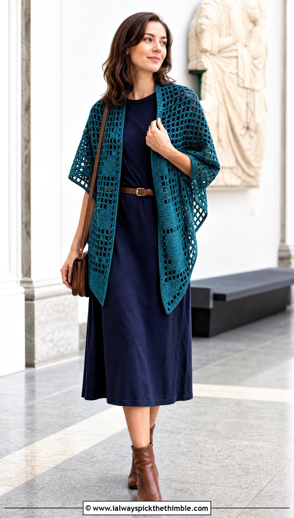 Filet Crochet Shawl With T Shirt Dress - 20 Vintage Crochet Shawl outfit ideas