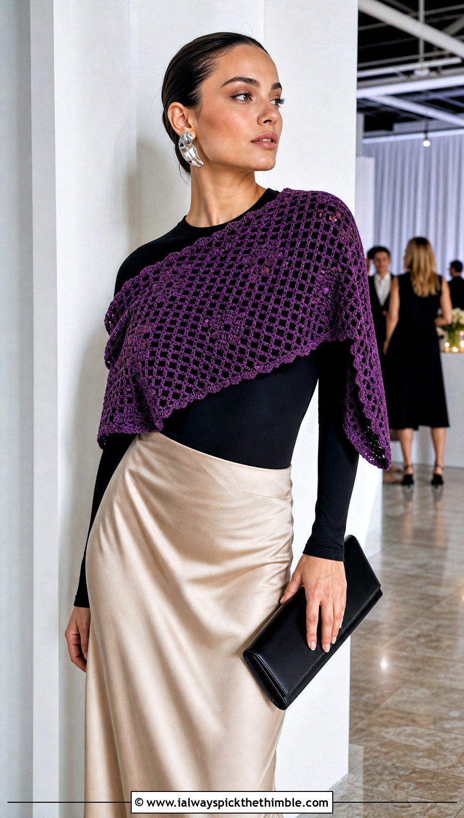 Filet Crochet Shawlette With a Satin Skirt - 20 one skein crochet shawl outfit ideas