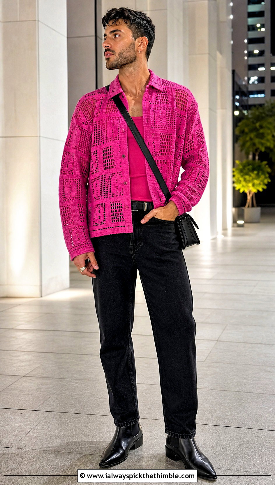 Filet Crochet Shirt With Black Jeans - 15 men's crochet top outfit ideas