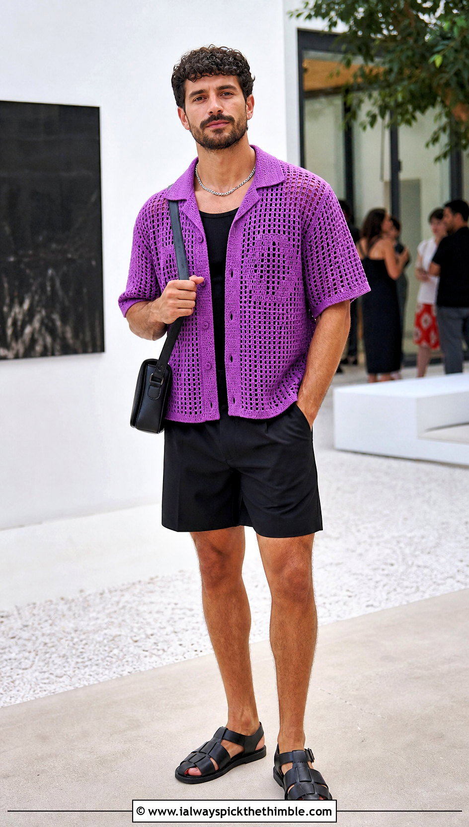 Filet Crochet Shirt With Black Tailored Shorts - 25 crochet mens shirt outfit ideas
