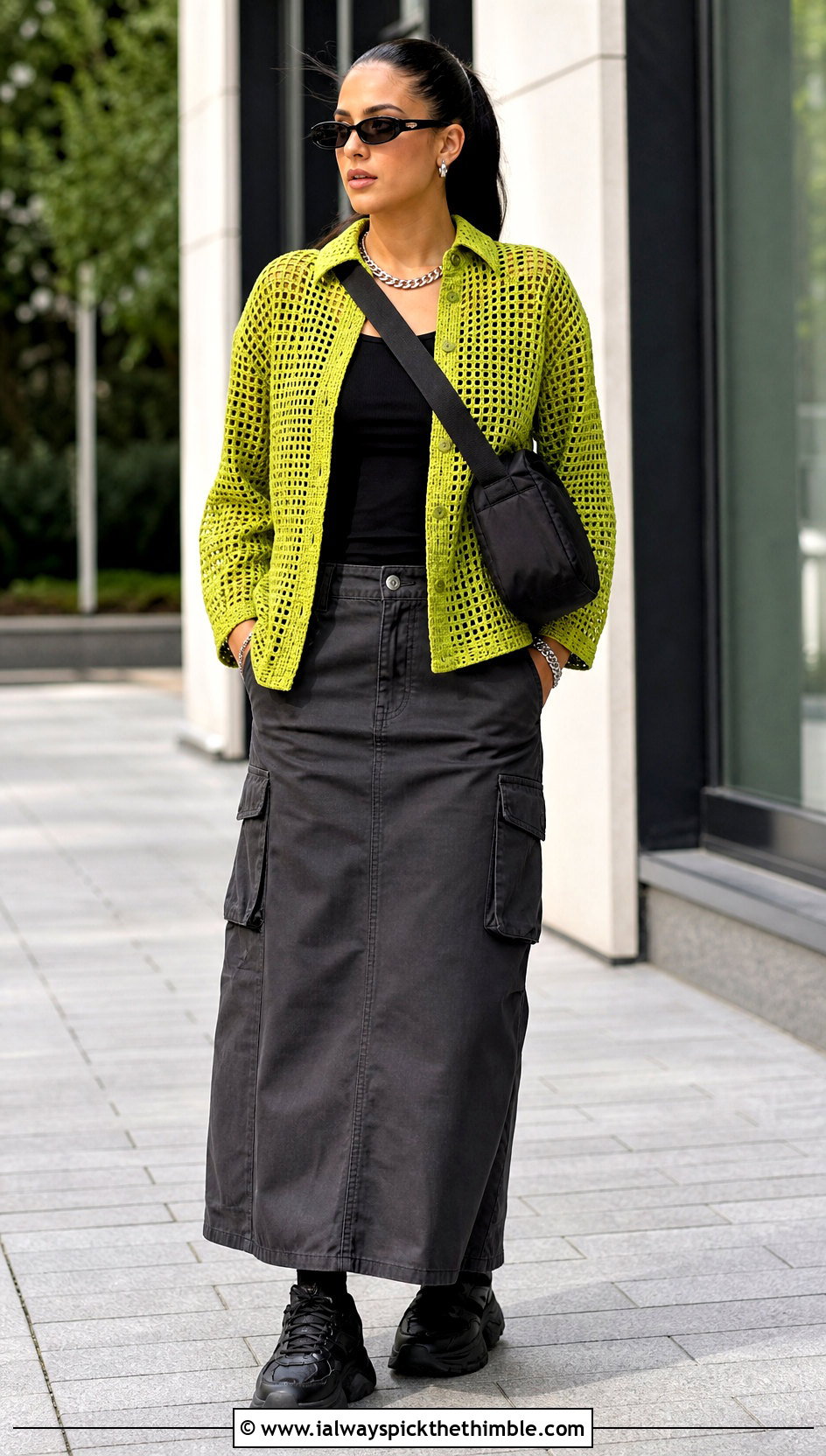 Filet Crochet Shirt With Cargo Maxi Skirt - 25 crochet shirt outfit ideas
