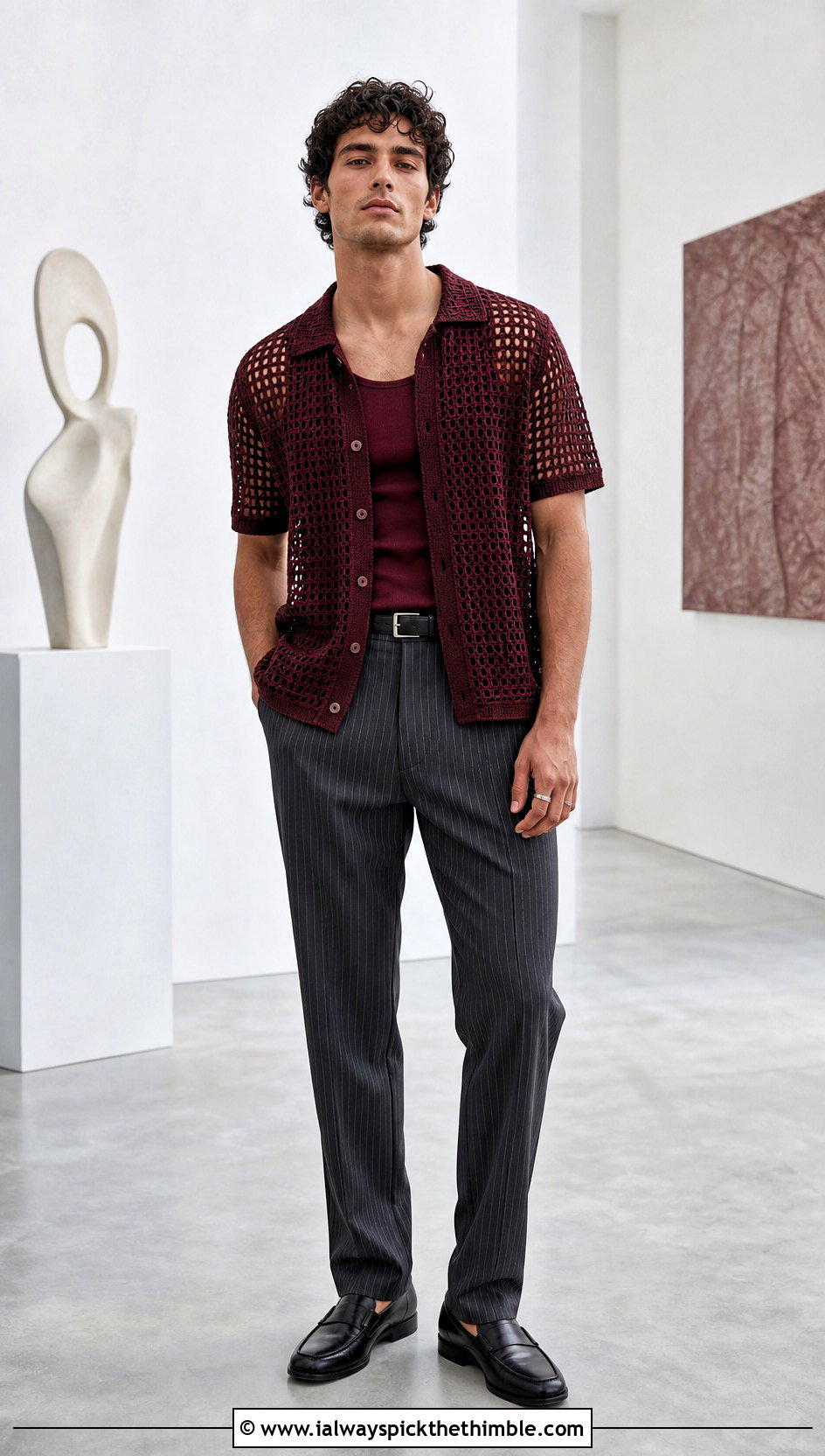 Filet Crochet Shirt With Pinstripe Trousers - 25 crochet shirt men outfit ideas