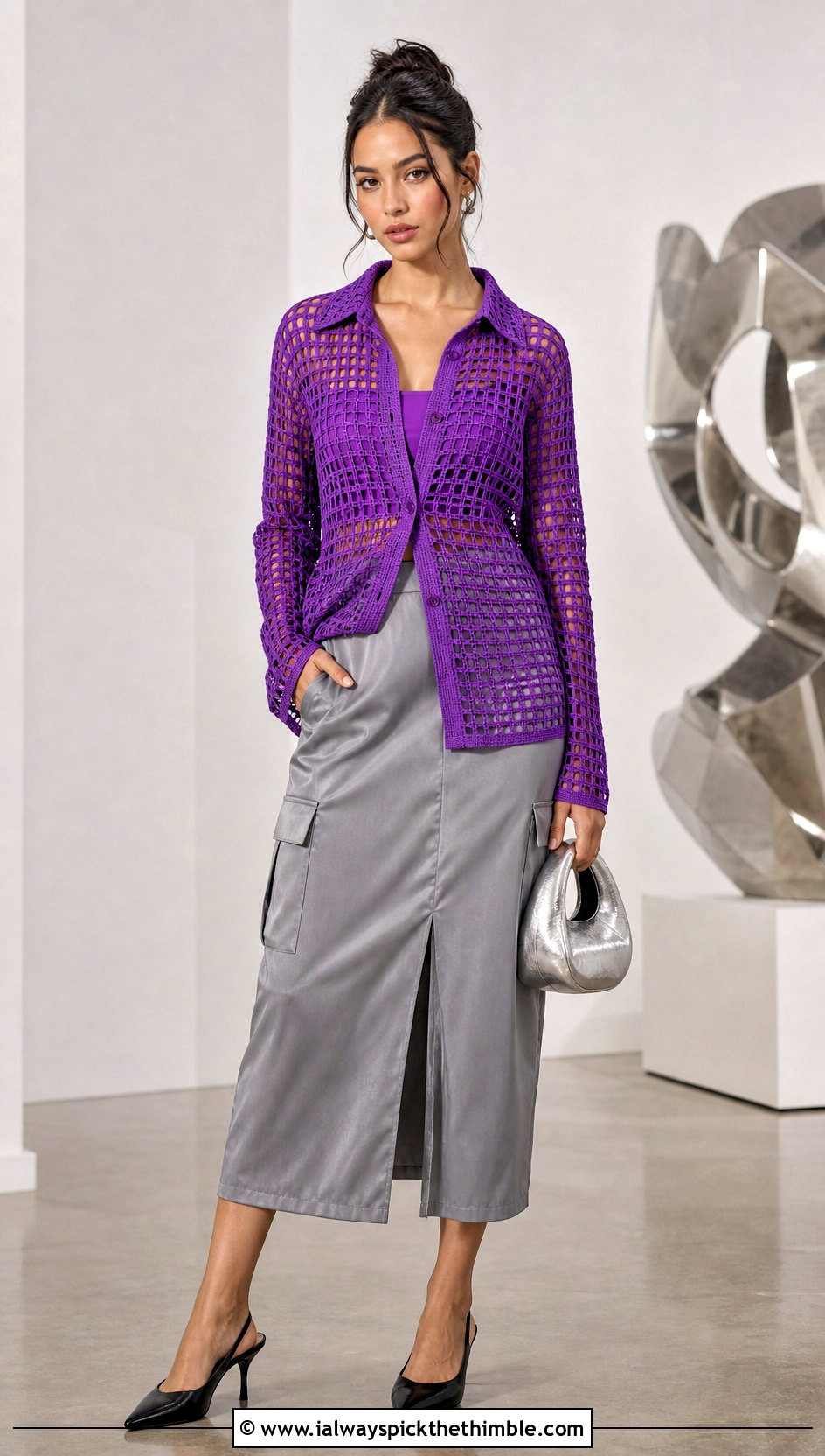 Filet Crochet Shirt With Satin Cargo Skirt - 25 crochet shirts outfit ideas