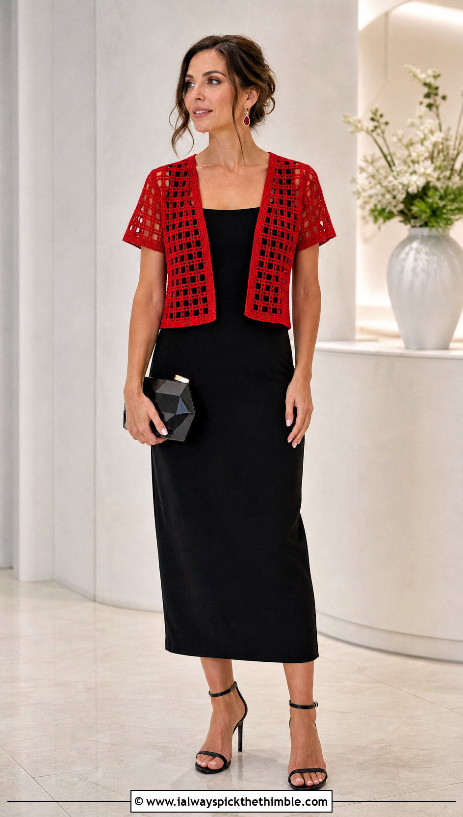 Filet Crochet Short Sleeve Shrug With Column Dress - 20 crochet short sleeve shrug outfit ideas