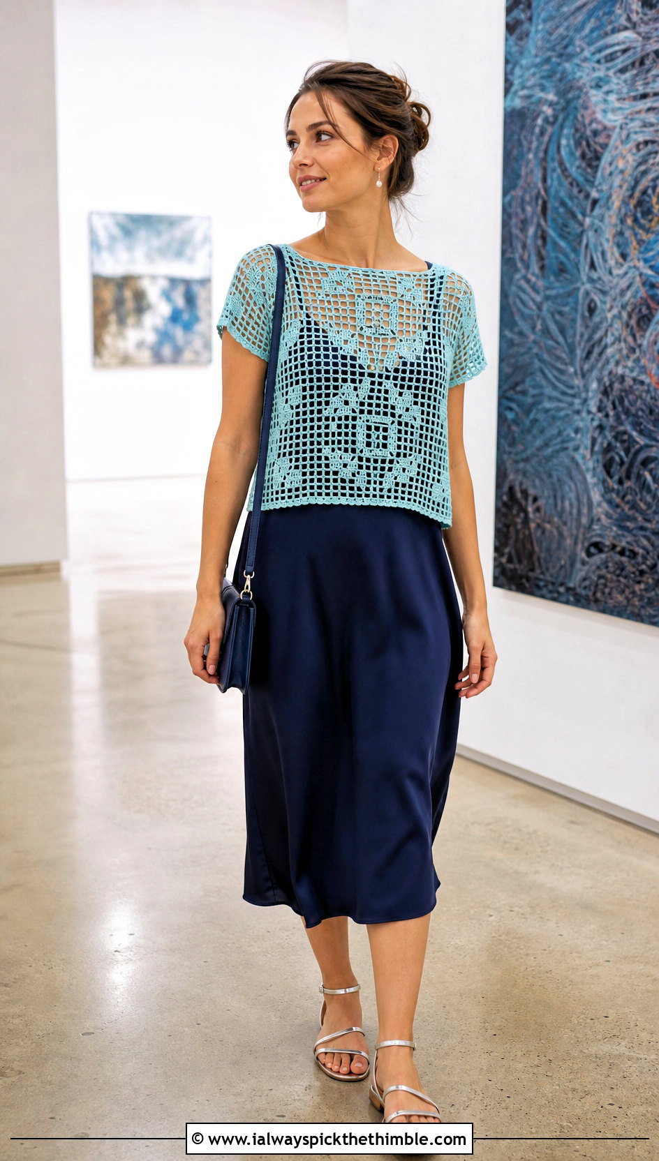 Filet Crochet Short Sleeve Top Over A Slip Dress - 20 crochet short sleeve top outfit ideas