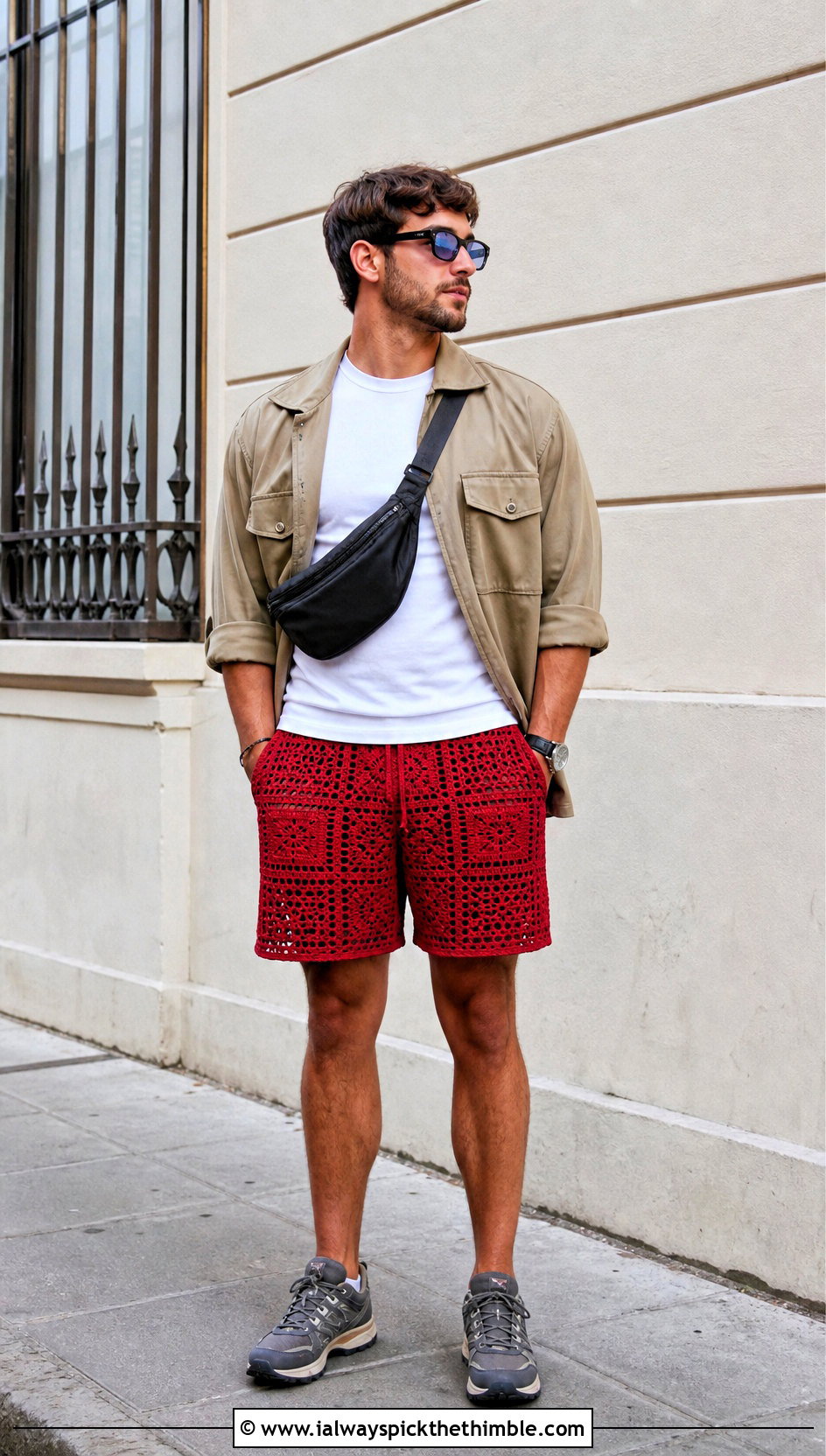 Filet Crochet Shorts With Utility Overshirt - 15 mens crochet shorts outfit ideas