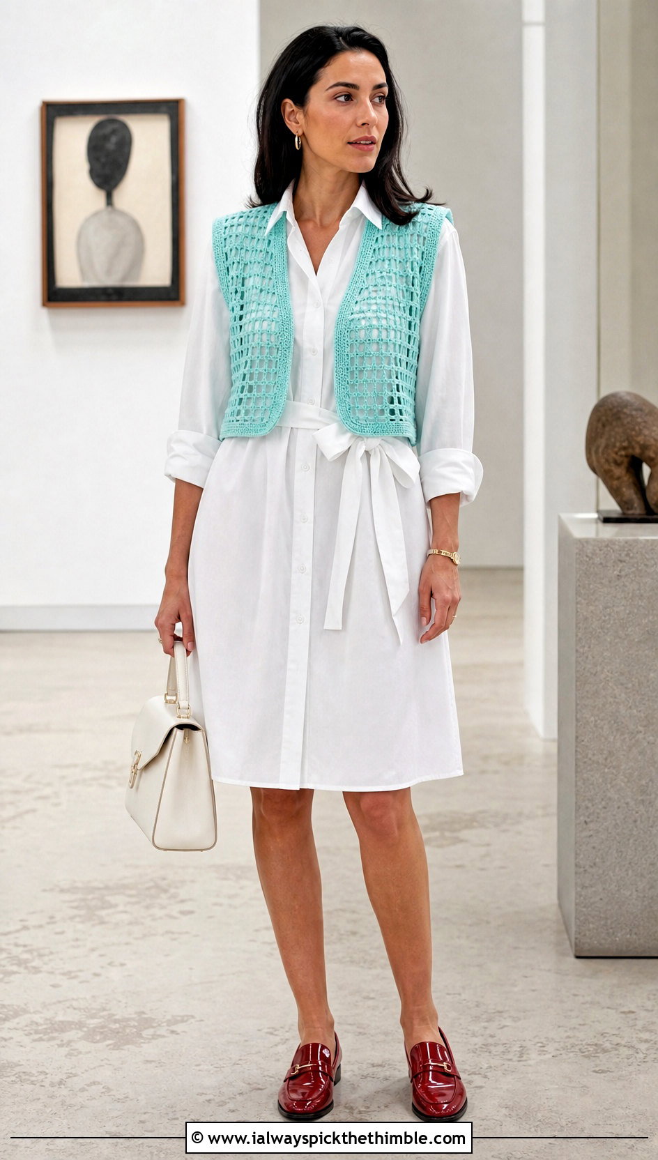 Filet Crochet Shrug Vest With Poplin Shirt Dress - 15 crochet shrug vest outfit ideas