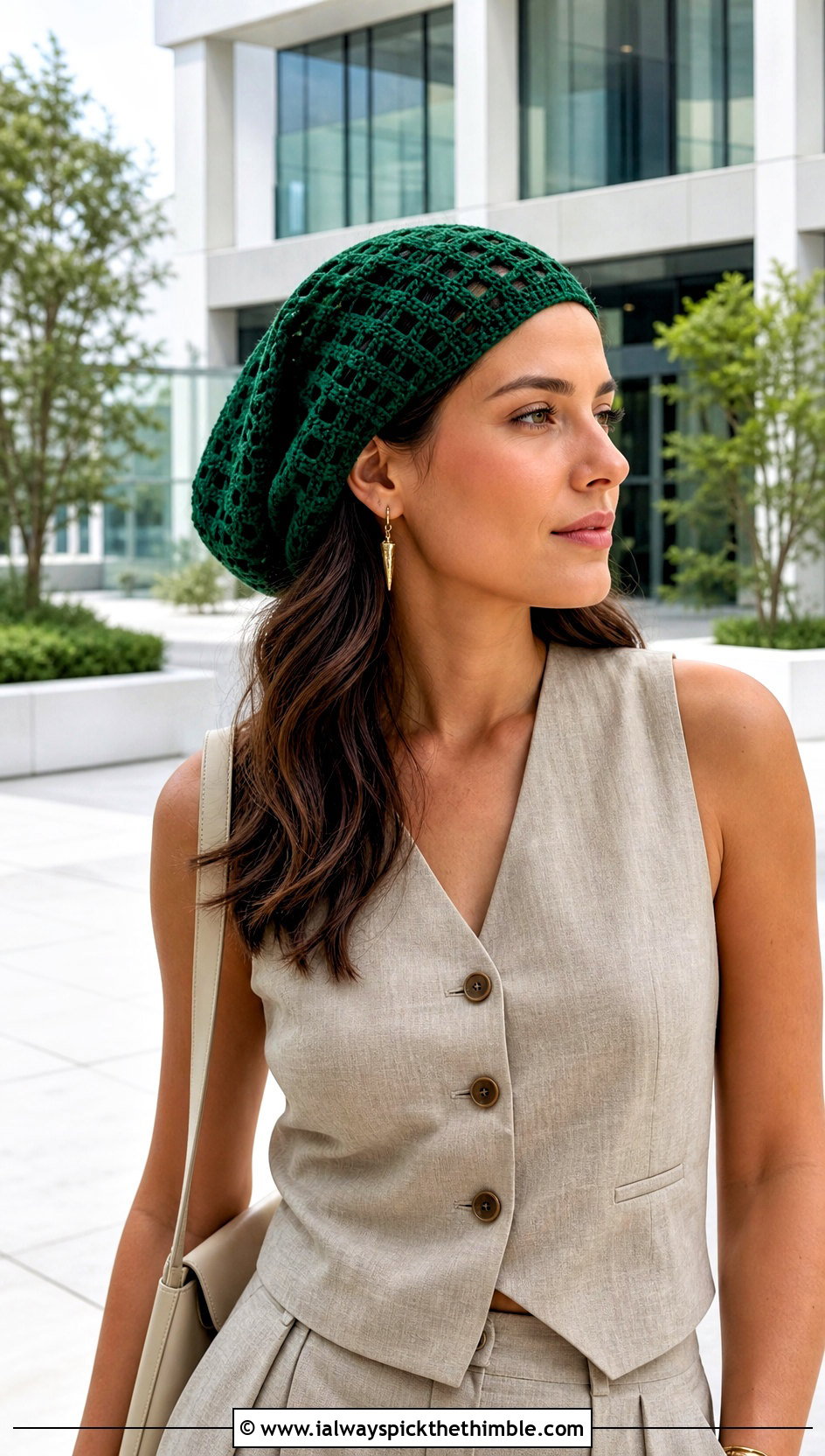 Filet Crochet Slouch Hat With Linen Suit - 20 Summer Slouchy Crochet Hat outfit ideas