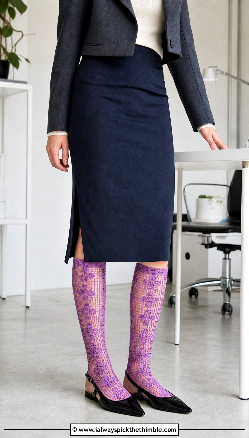 Filet Crochet Socks With Slingback Flats And Pencil Skirt - 25 crochet socks outfit ideas