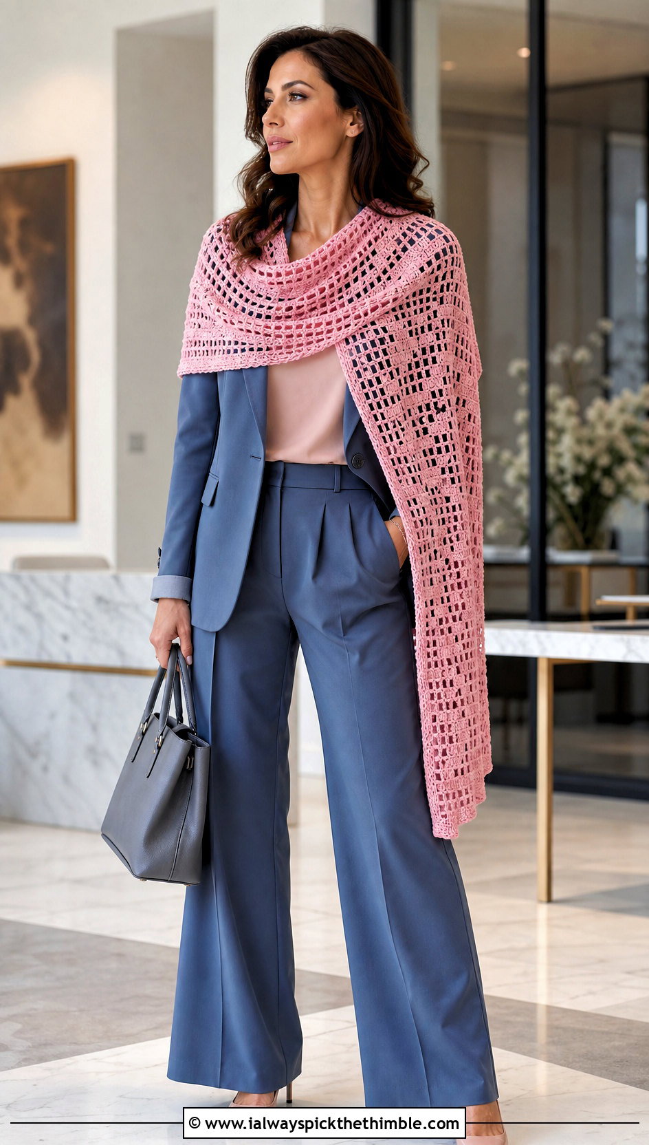 Filet Crochet Spring Stole With Wide Leg Suit - 15 Crochet Spring Wrap outfit ideas