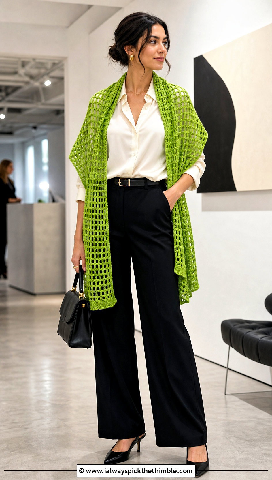 Filet Crochet Stole With Wide Leg Trousers - 20 beautiful crochet shawls and wraps outfit ideas