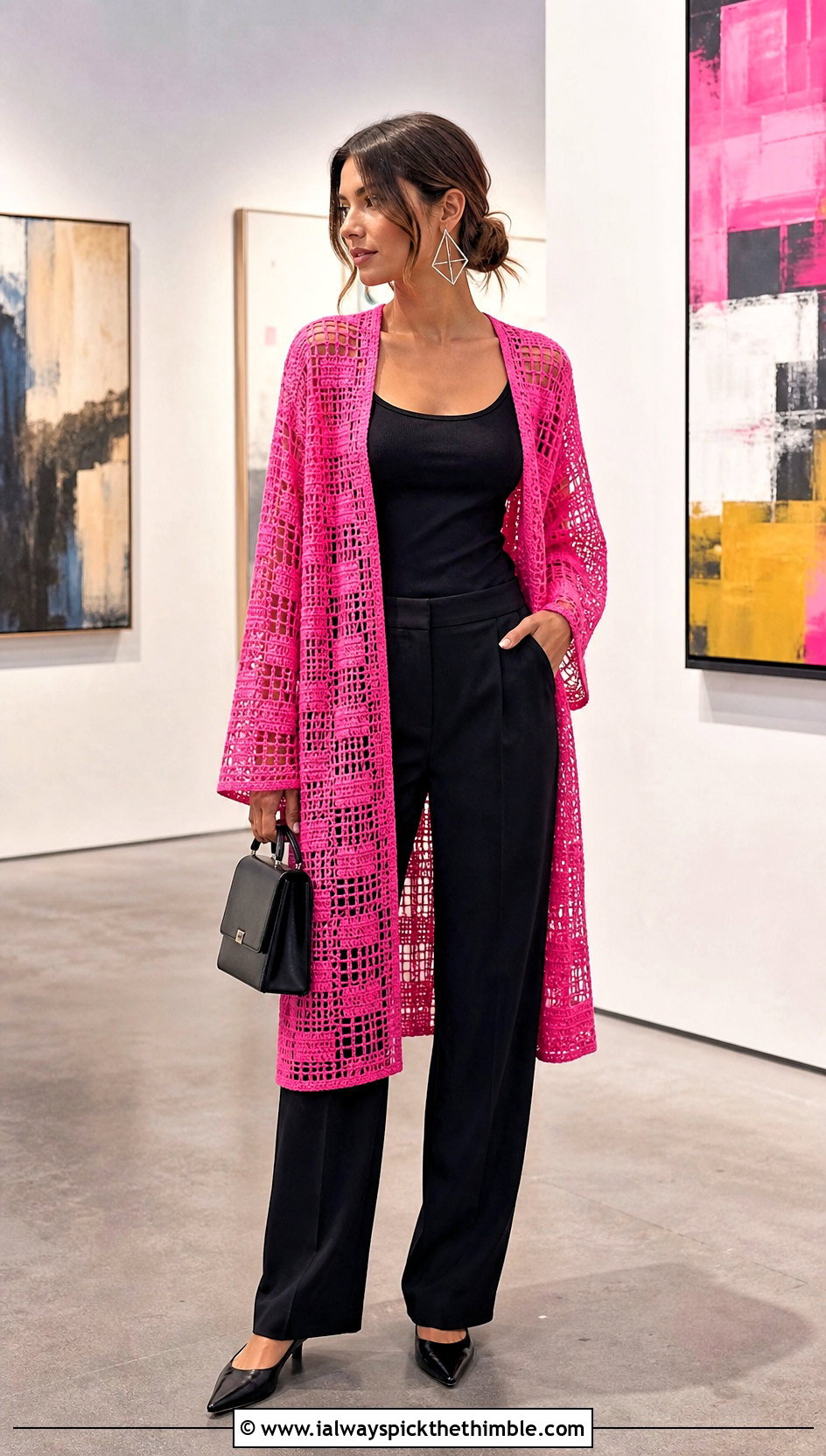 Filet Crochet Summer Kimono With Black Trousers - 20 crochet summer kimono outfit ideas