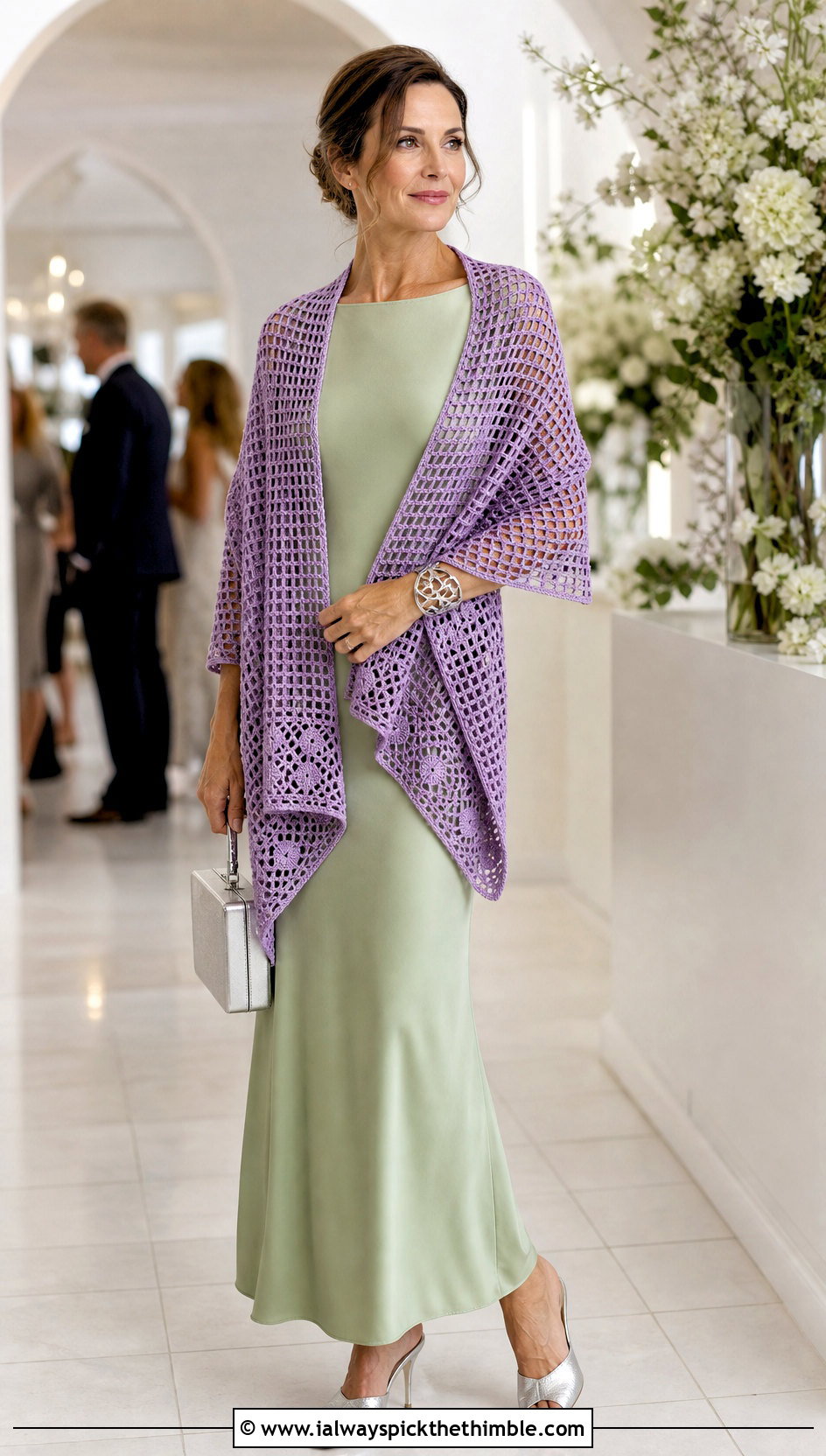 Filet Crochet Sweater Shawl With A Column Dress - 20 crochet sweater shawl outfit ideas
