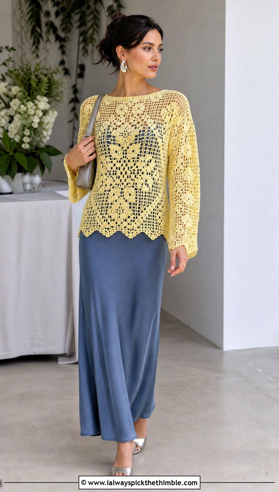 Filet Crochet Sweater With A Column Maxi Dress - 20 handmade crochet sweater outfit ideas