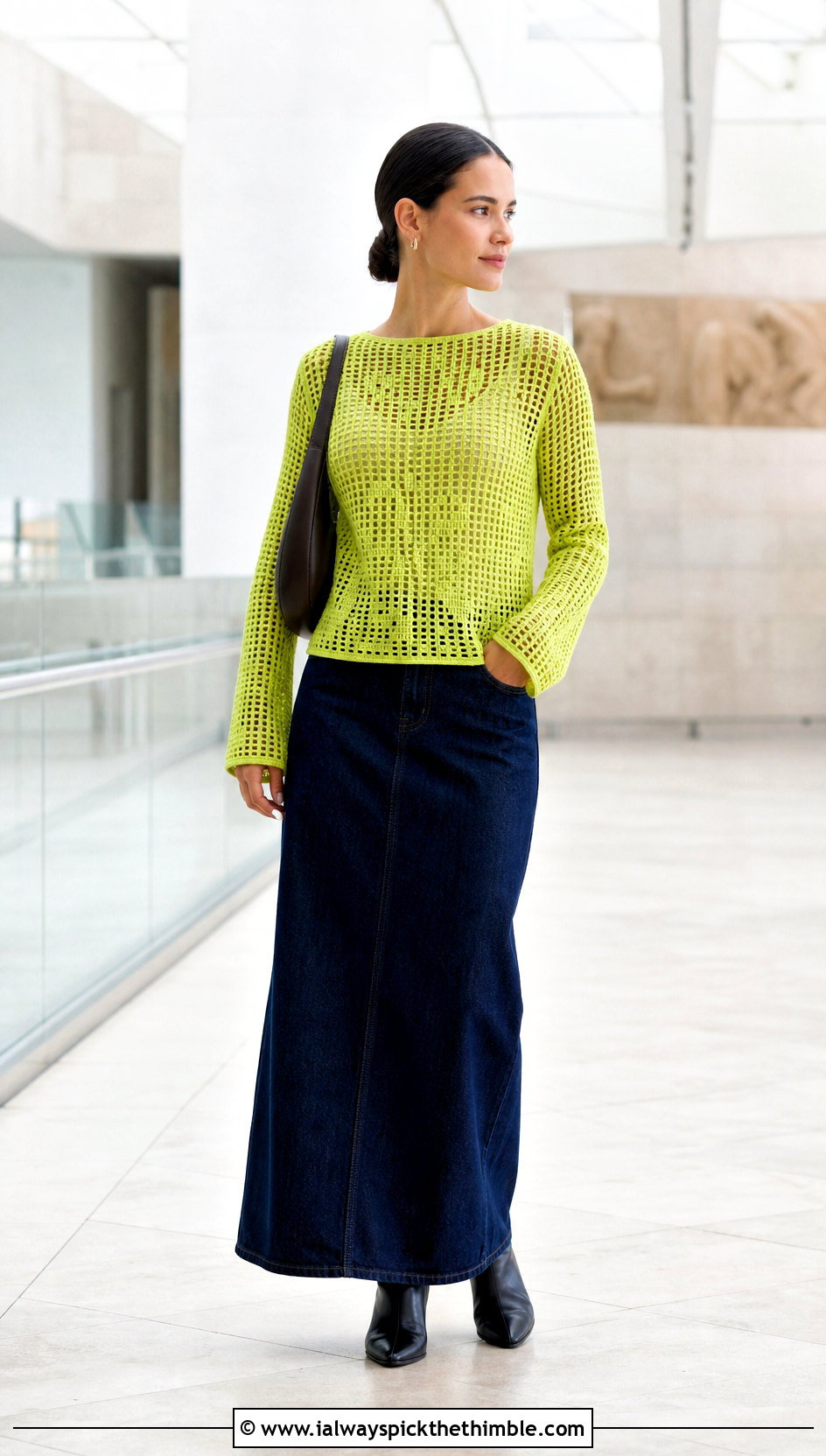 Filet Crochet Sweater With Denim Maxi Skirt - 15 crochet sweater collection outfit ideas