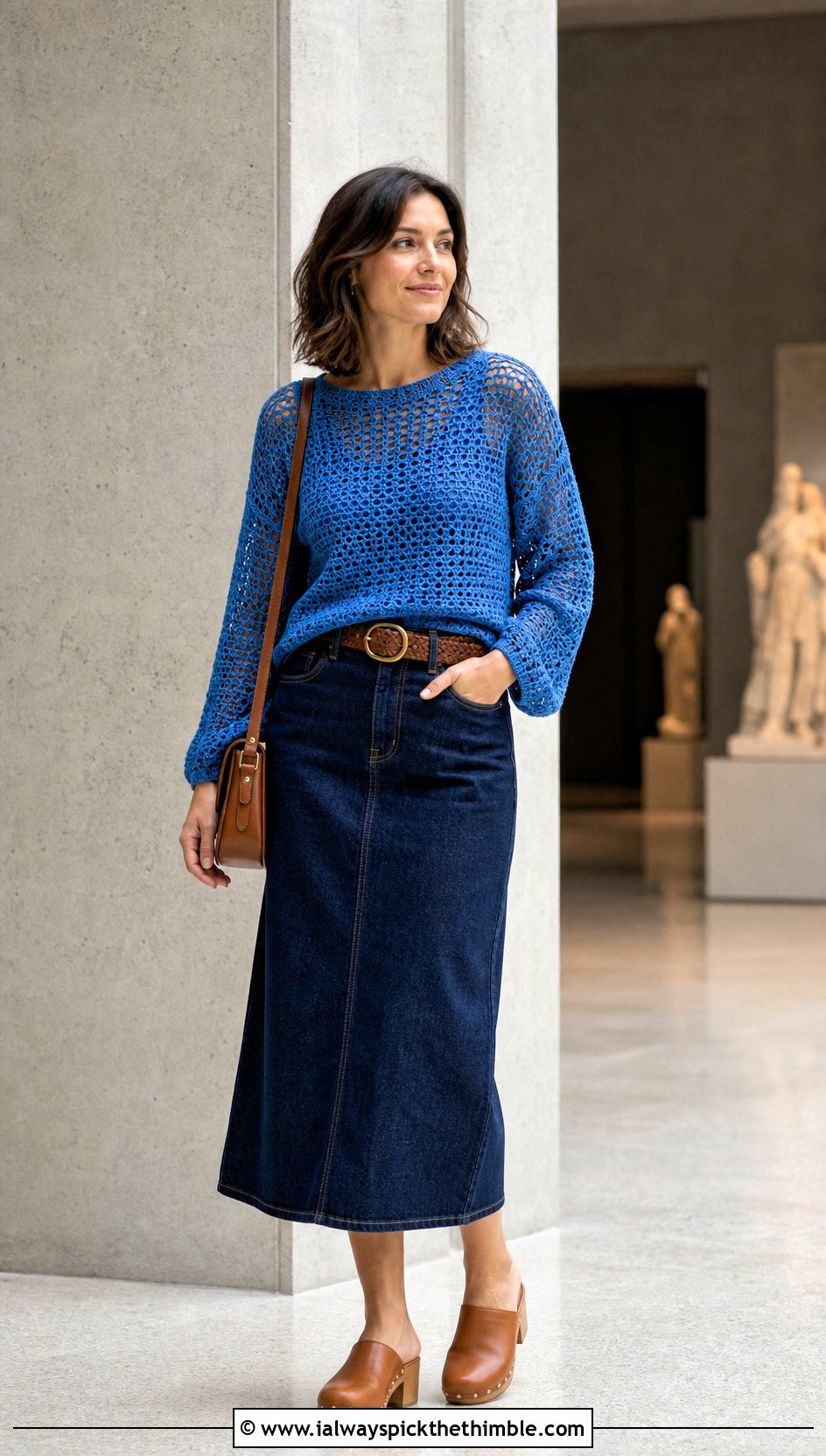 Filet Crochet Sweater With Denim Midi Skirt - 15 Boho Style Crochet Sweater outfit ideas