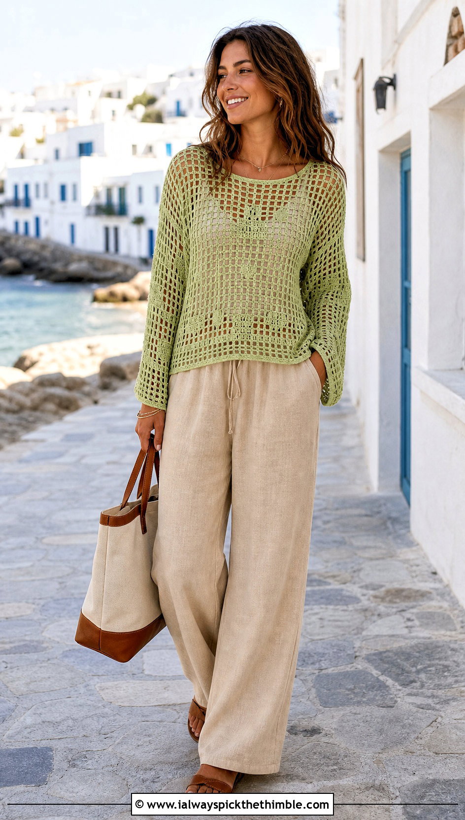 Filet Crochet Sweater With Linen Pants - 25 crochet sweater for women outfit ideas