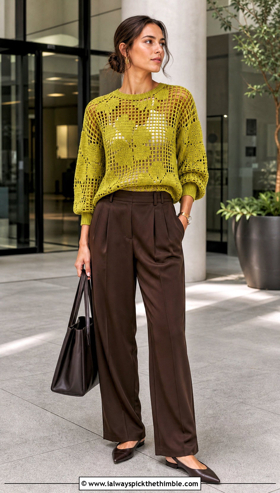 Filet Crochet Sweater With Tailored Trousers - 25 summer crochet sweater outfit ideas