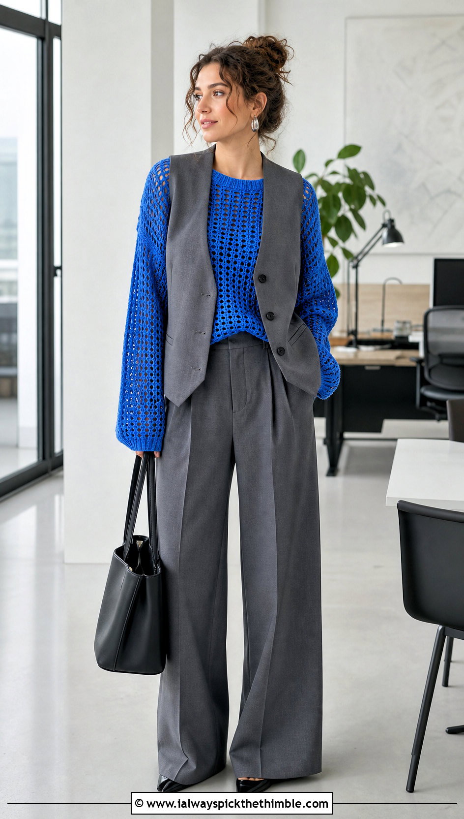 Filet Crochet Sweater With Tailored Vest And Trousers - 25 oversized crochet sweater outfit ideas